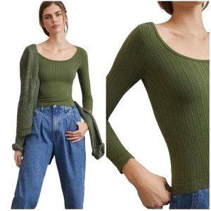 Anthropologie Green Scoop Neck Ribbed Long Sleeve Crop Top